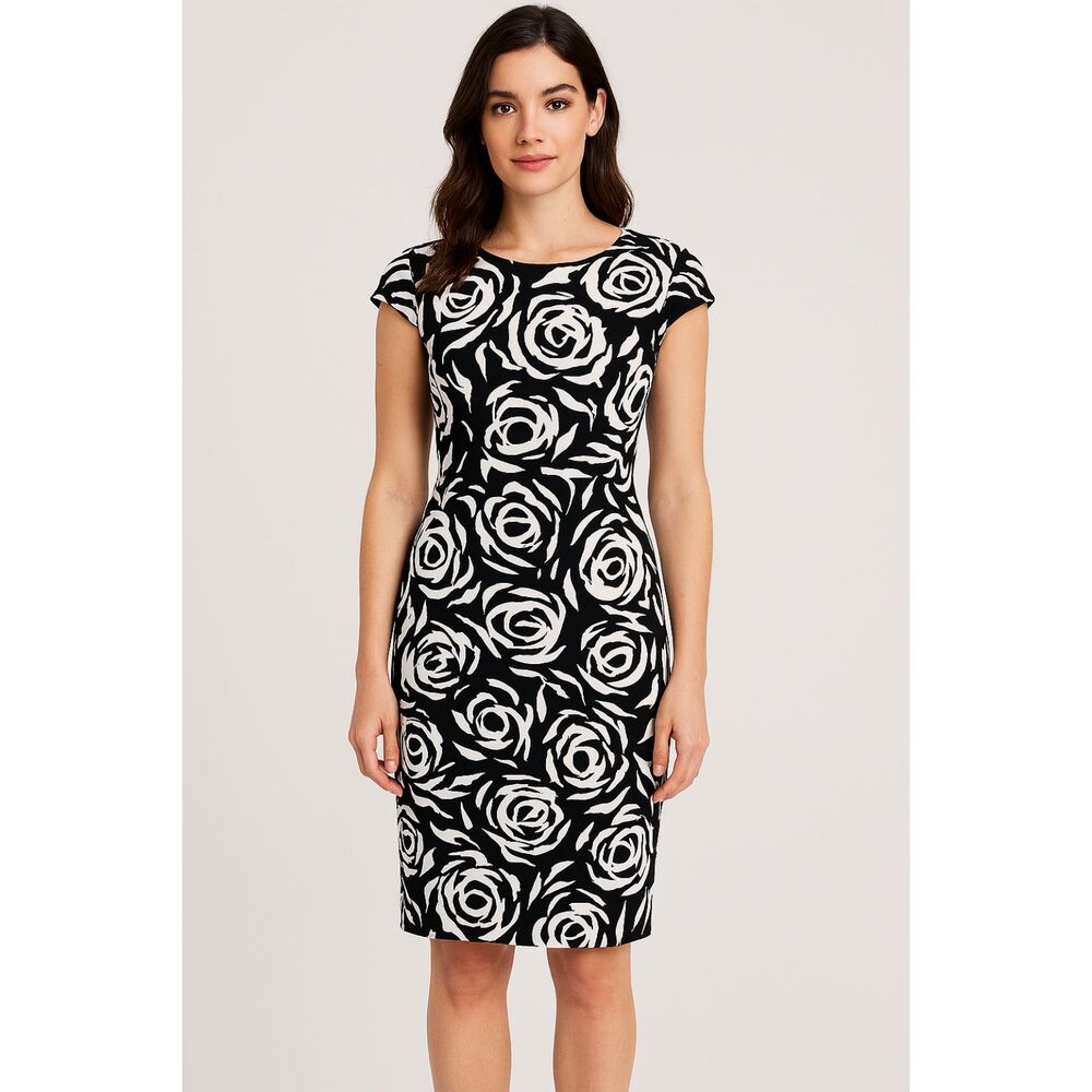 Liz Claiborne Dress NEW 4 Black White Bold Geometric Floral Sheath Cap Sleeves